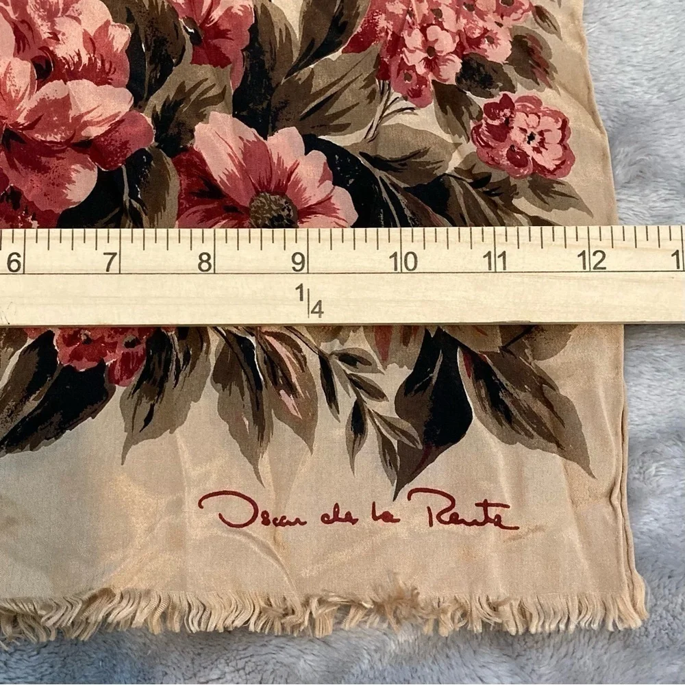 Vintage Oscar de la Renta Silk Floral Plaid Scarf Raw Fringe Wrap Designer